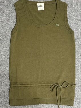 Vintage Lacoste Made in France Wool Sweater Vest 36 Green Croc Tie Waist Knit S